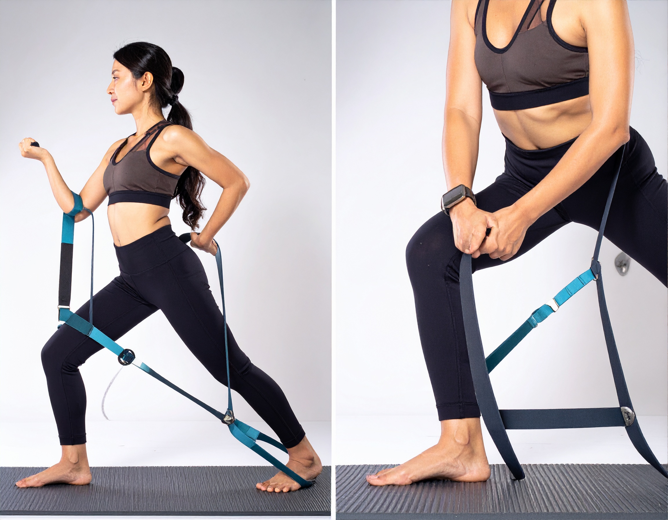 femme faisant du yoga avec une sangle de yoga réglable avec boucle métallique