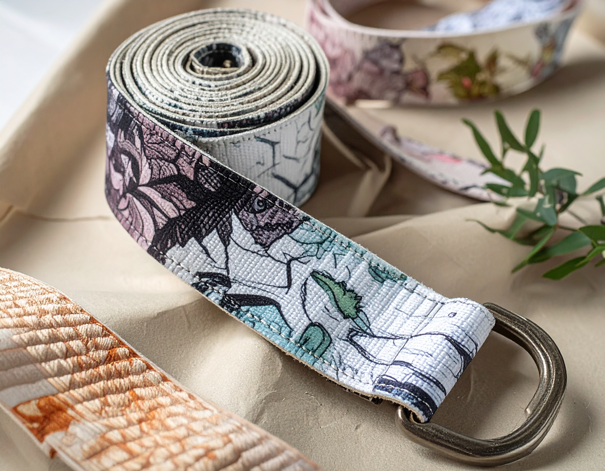 sangle de yoga réglable avec boucle métallique. motif imprimé sans la sangle