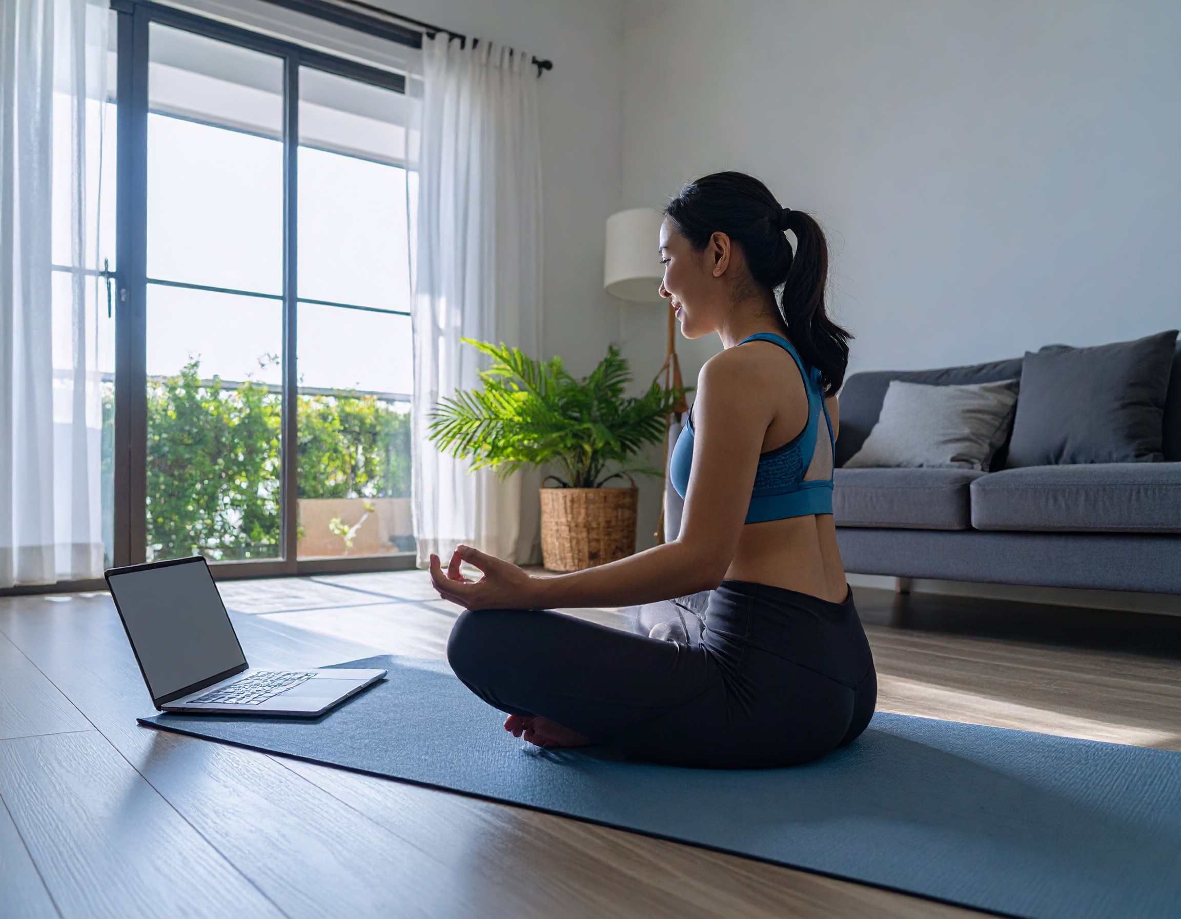 une femme qui s'inscrit à des cours de yoga en ligne sur son ordinateur portable