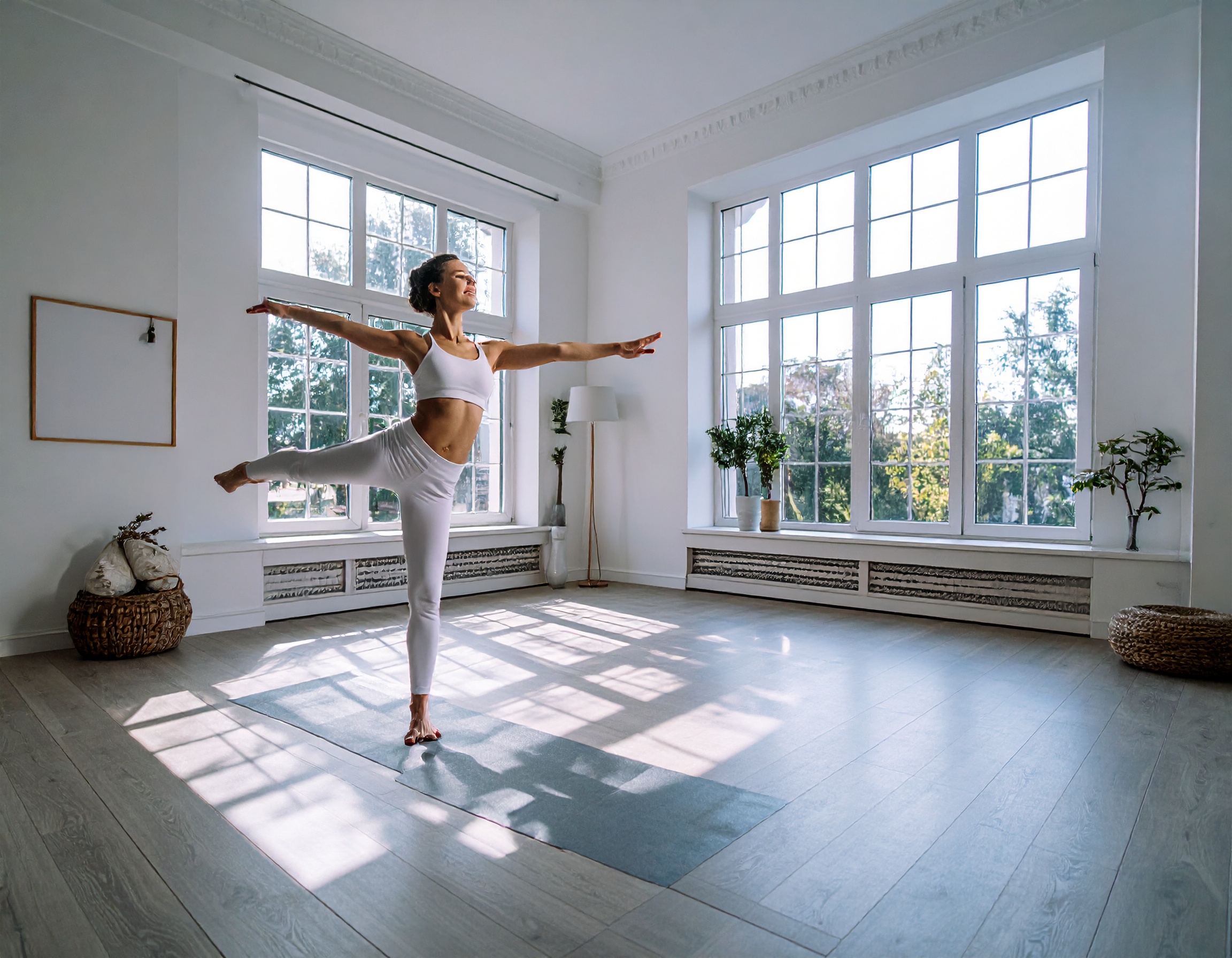 une séance de Vinyasa Yoga - le dansant. un femme seule chez elle