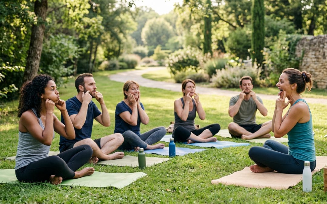 Cours de Face Yoga, en plein air. ambiance zen avec 6 personnes, hommes, femmes